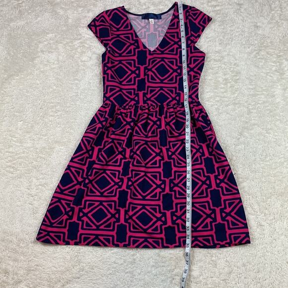 Unbranded Geometric print hot pink & navy blue fit and flare stretch dress, med - Picture 4 of 8